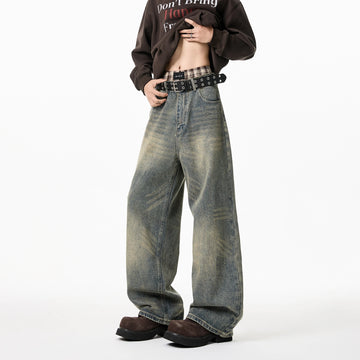 Riolio Mens Loose Straight Wide Leg Jeans Distressed Washed Vintage Oversized Floor Length Denim Pants Casual Streetwear Trendy